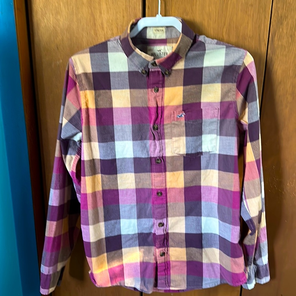 Hollister - Men’s Relaxed Button Up Dress Shirt - Medium - Pink/Purple/Gray